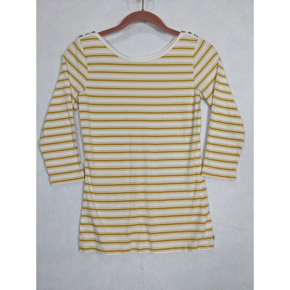 Matilda Jane Womens S Top Striped 3/4 Sleeve‎ Button Shoulder Yellow White